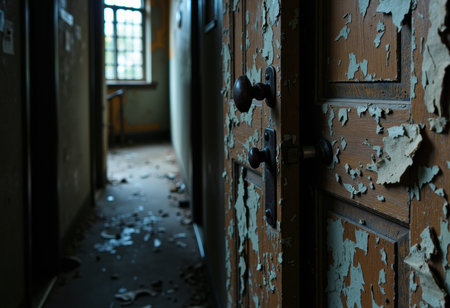 Peeling wooden door ajar in a dim abandoned hallway with cracked paint flakes and scattered debris on the floor. The shallow focus reveals a blurred corridor and window area with empty wall space suitable for text or designの素材