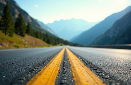Road with double yellow center lines stretches toward a mountain valley under clear sky. Shallow depth of field creates a blurred background and generous open space available for text or design along the horizon and skyの素材