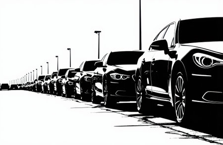 Row of parked cars aligned along a street in stark black and white contrast with minimalist composition and a large empty white area on the left, offering available space for text and graphic layoutsの素材