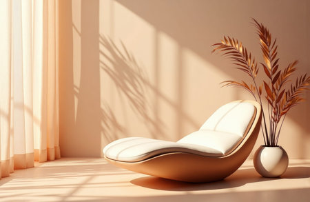 Modern lounge chair sits by a sunlit window with warm shadow patterns and a potted plant, while a clean minimalist interior provides ample empty wall and floor space available for text or design elements under soft natural lightの素材