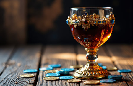 Ornate goblet filled with amber liqueur rests on a rustic wooden table surrounded by scattered gold and turquoise coins suggesting a historical or fantasy setting and opulent still life compositionの素材