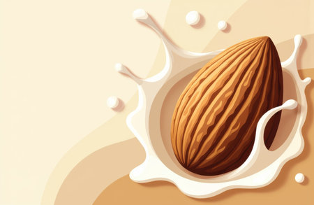 Almond nut splashes through creamy almond milk on a warm beige background with smooth gradients and ample empty space for text and product placement, useful for food packaging and advertising layoutsの素材