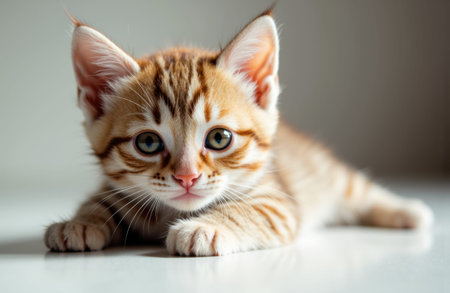 Orange tabby kitten lies low on a glossy surface looking directly at camera with wide green eyes and soft striped fur. Neutral blurred background provides available space for text and designの素材
