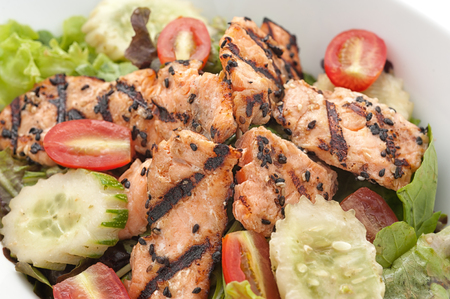 Grilled salmon with fresh cucumber isolated on whiteの写真素材