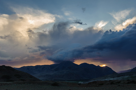 Scenic sunset and sunrise in mountainous region of Altaiの写真素材