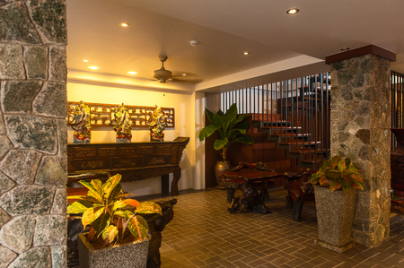 Reception and swimming pool of Thai hotel in Phuketの写真素材