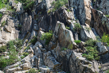 NAtural stone walls with cracks filled with grass in summerの写真素材