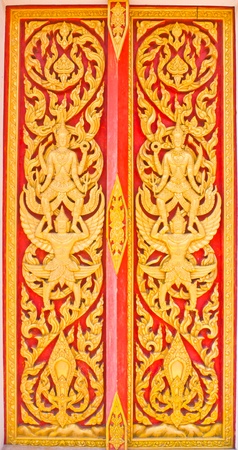 Ancient Golden carving wooden door of Thai temple, Wat BangRiang, Thailandのeditorial素材