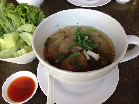 Double boiled pork ribs, bamboo fiber, black mushroom in Chinese herb soup