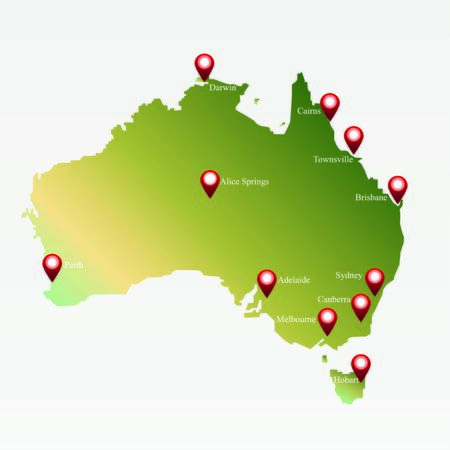 Australia map with markers  on the map of big citiesのイラスト素材