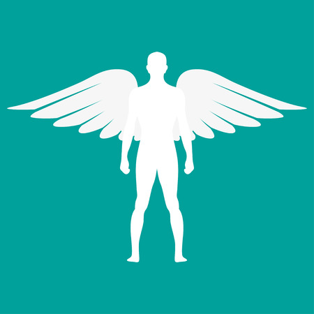 Silhouette  of a man with wings in white color. Vector illustrationのイラスト素材