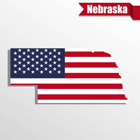 Nebraska  State map with US flag inside and ribbonのイラスト素材