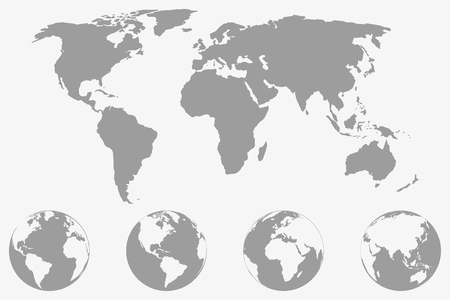World  map with four globe icons from different sides. Stylized geometric flat vectorのイラスト素材