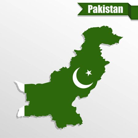 Pakistan map with flag inside and ribbonのイラスト素材