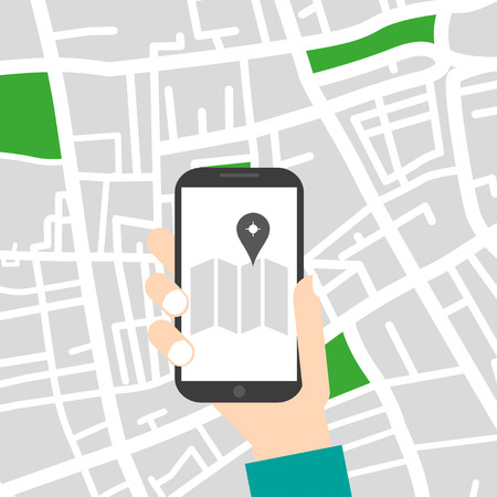 Hand holding phone with map and location pinのイラスト素材