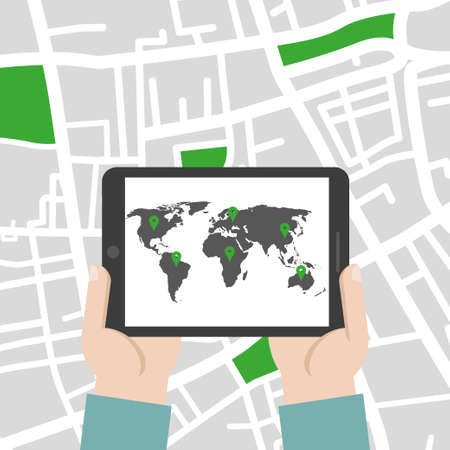 Hands holding tablet with world map. Vector illustrationのイラスト素材