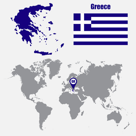 Greece map on a world map with flag and map pointer. Vector illustrationのイラスト素材
