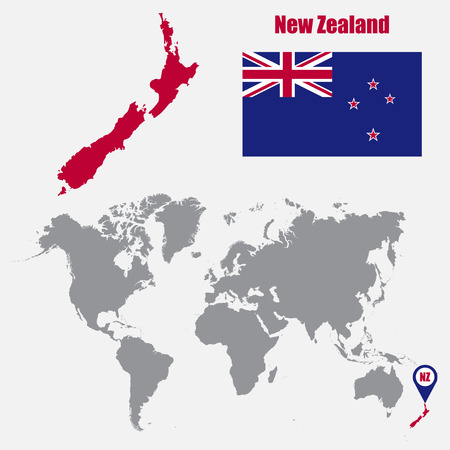 New Zealand map on a world map with flag and map pointer. Vector illustrationのイラスト素材