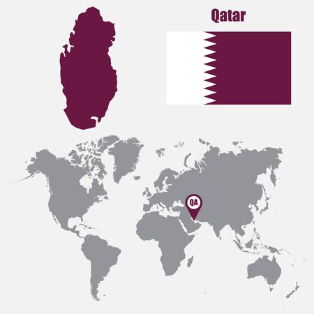 Qatar map on a world map with flag and map pointer. Vector illustrationのイラスト素材
