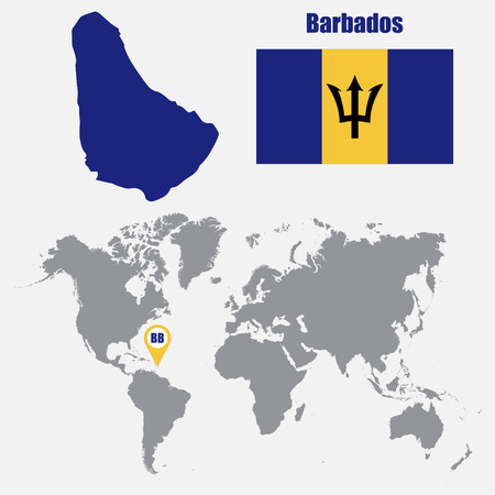 Barbados map on a world map with flag and map pointer. Vector illustrationのイラスト素材