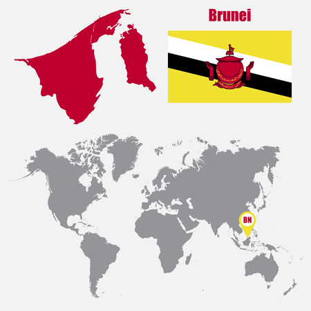 Brunei map on a world map with flag and map pointer. Vector illustrationのイラスト素材