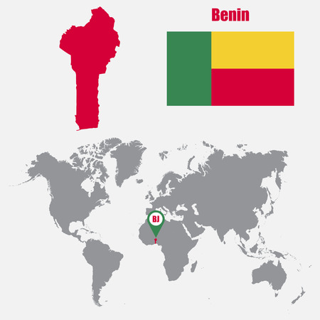 Benin map on a world map with flag and map pointer. Vector illustrationのイラスト素材