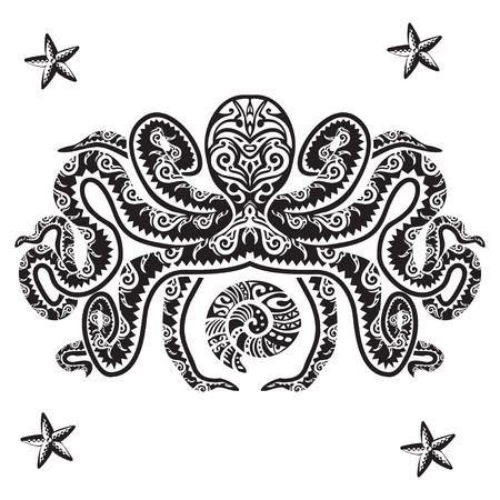 Octopus tattoo in Maori style. Vector illustrationのイラスト素材