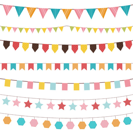 Colorful bunting and garland set isolated on white. Vector illustrationのイラスト素材