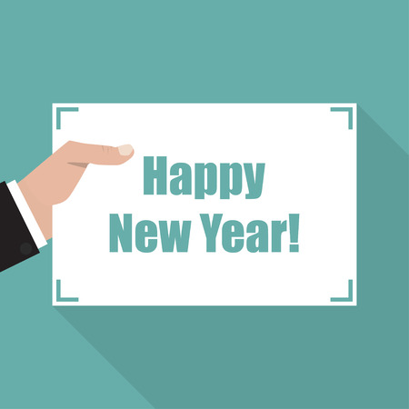 Happy New Year. Hand with sheet of paper with long shadowのイラスト素材