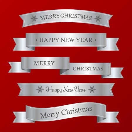 Set of silver ribbons to Merry Christmas and Happy New Yearのイラスト素材
