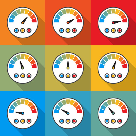 Big set of speedometer icons with long shadow. Vector illustrationのイラスト素材