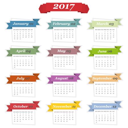 Calendar 2017 in a flat design with ribbons. Vector illustrationのイラスト素材