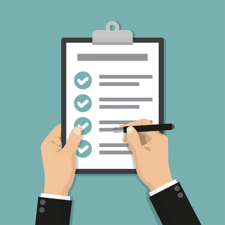 Businessman hands holding clipboard checklist with pen in a flat designのイラスト素材