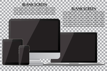 Set of realistic computer monitor, laptop, tablet and mobile phone with empty black screen on isolate backgroundのイラスト素材