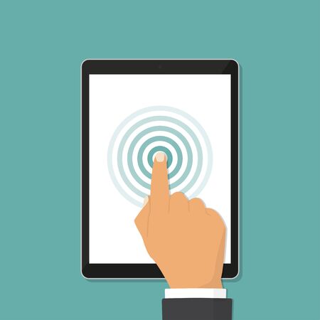 Hand touch screnn of tablet in a flat design. Vector illustrationのイラスト素材