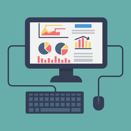 Monitor with keyboard with business statistic in a flat designのイラスト素材