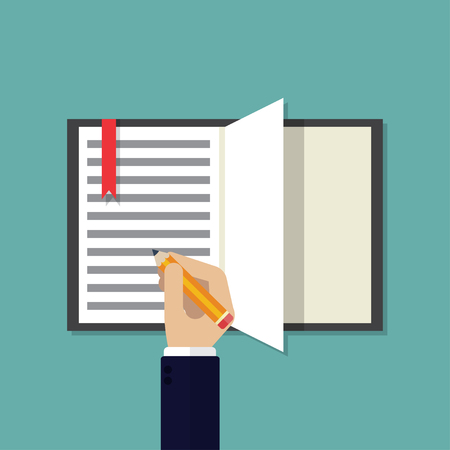 Hand with pencil to the open notebook in a flat designのイラスト素材