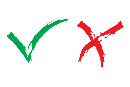 Tick and cross brush signs. Green checkmark OK and red X icons, isolated on white background. Simple marks graphic designのイラスト素材
