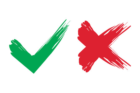 Tick and cross brush signs. Green checkmark OK and red X icons, isolated on white backgroundのイラスト素材
