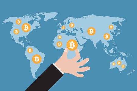 Hand with bitcoin on a world map. Vector illustrationのイラスト素材