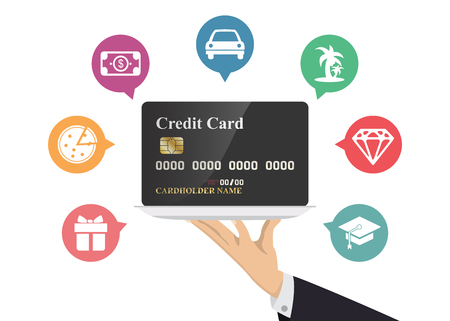 Hand holding credit card in silver tray with payment icons concept.のイラスト素材