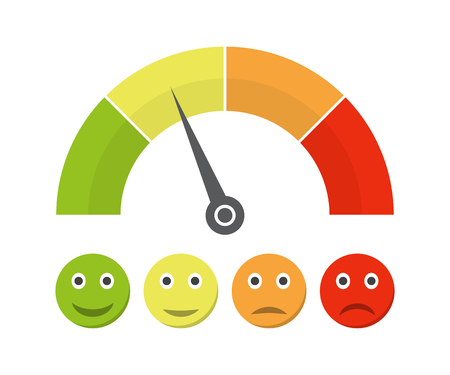 Customer satisfaction meter with different emotions. Vector illustration. Scale color with arrow from red to green and the scale of emotions.のイラスト素材
