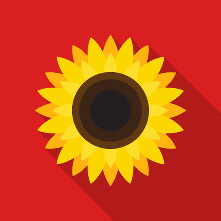 Sunflower icon in flat style with long shadow on red background. Vector Illustration.のイラスト素材