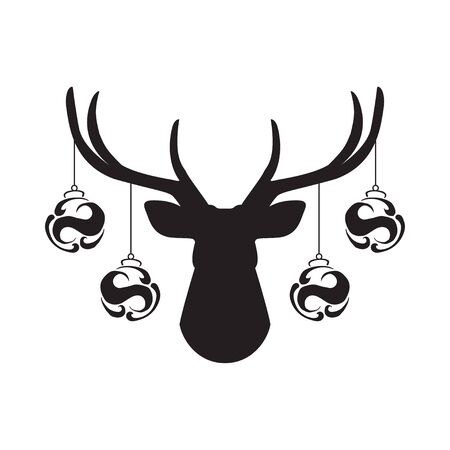 Black silhouette of deer head with antlers and Christmas tree toy balls on horns. vector flat icon isolated on white background.のイラスト素材