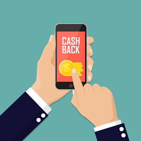 Cash back sticker, labels, emblem. Gold coins in smartphone. Cashback or money refund concept. Flat vector illustration.のイラスト素材