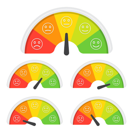 Set of customer satisfaction meter with different emotions. Vector illustration. Scale color with arrow from red to green and the scale of emotions.のイラスト素材