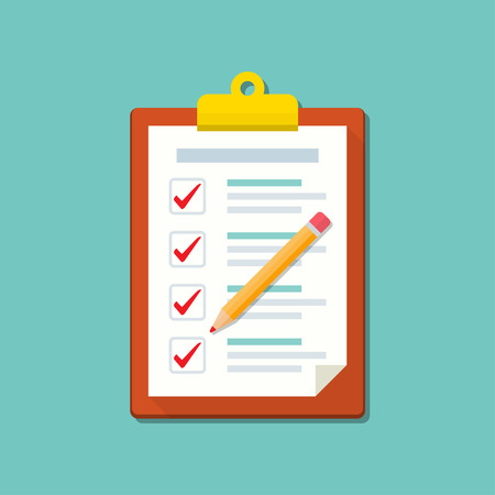 Clipboard with checklist and pencil icon in a flat design.のイラスト素材