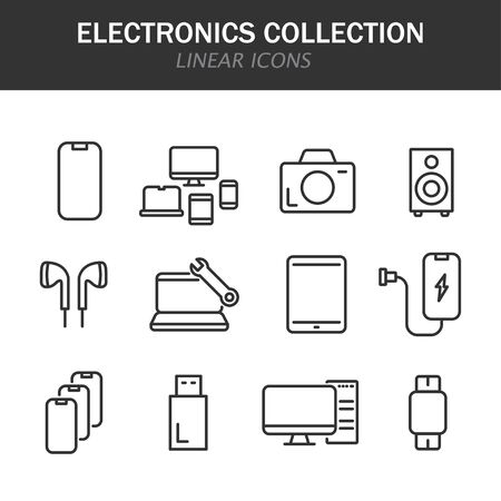Electronics collection linear icons in black on a white backgroundのイラスト素材