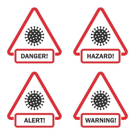 Covid-19 danger, hazard, alert, warning signs in a flat design