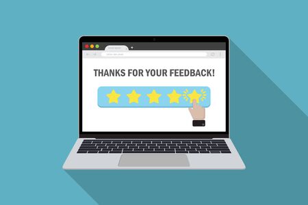 Laptop with customer choice product evaluation in star rating in a flat designのイラスト素材